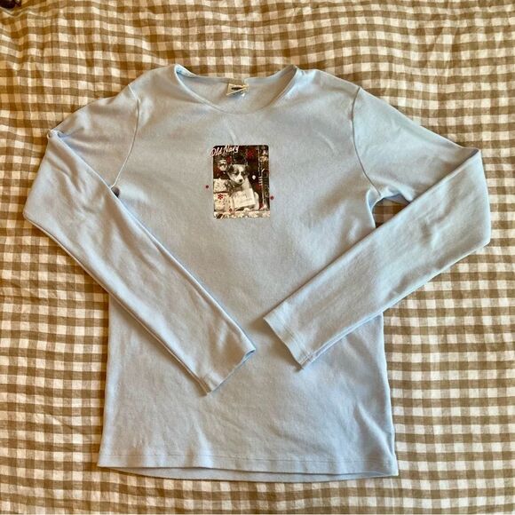 Vintage Old Navy Kids Blue Long Sleeve Tee with Christmas Puppy Design - Picture 4 of 6